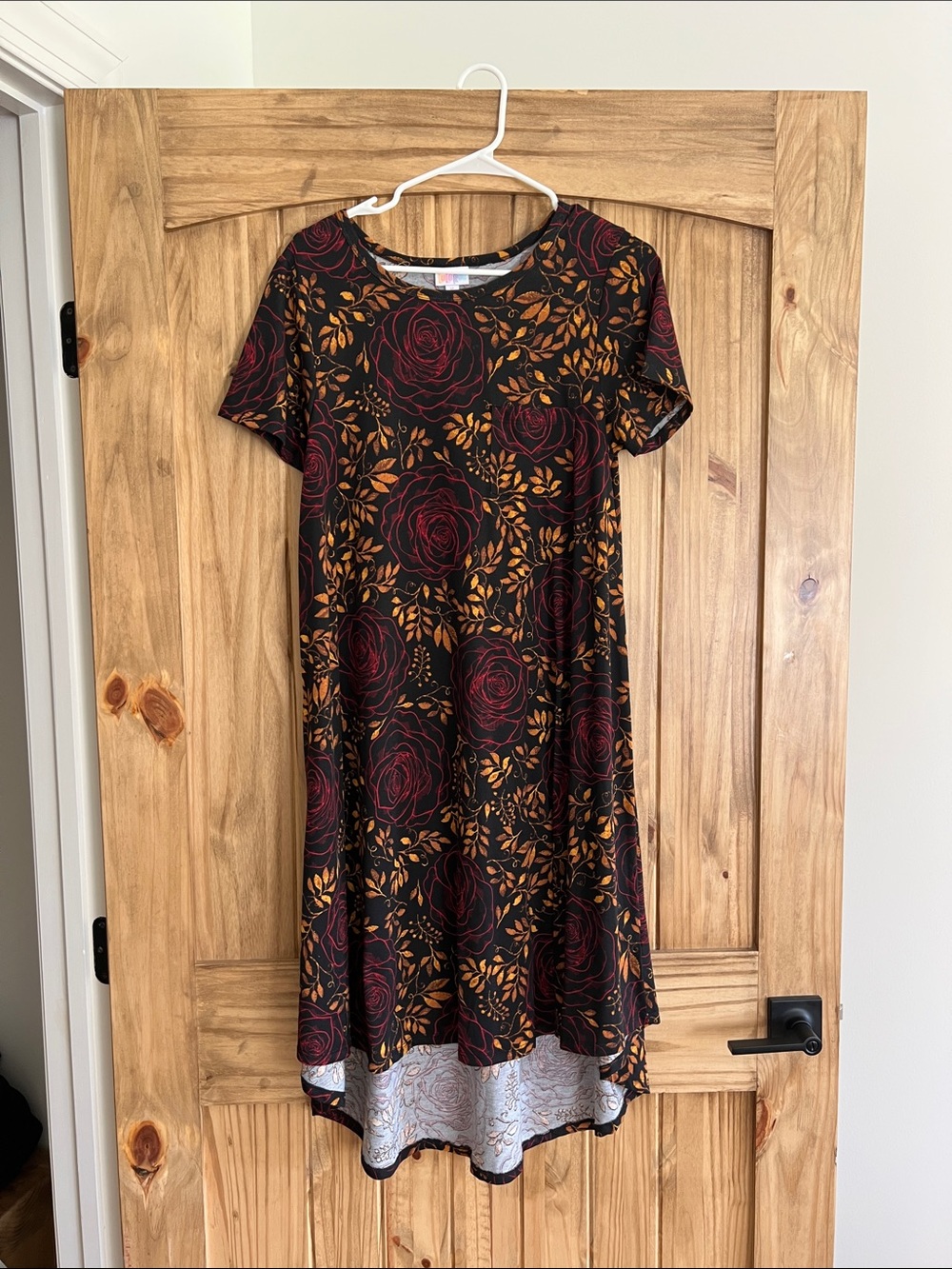 LuLaRoe Black Dress with Burgundy Roses and Gold Leaf Print